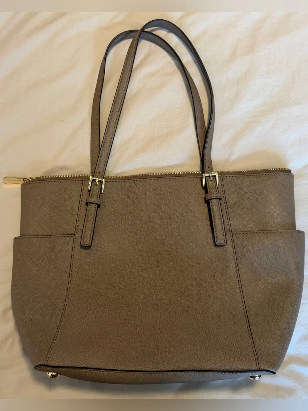Michael Kors Taupe Saffiano Leather Tote with Gold Logo Charm